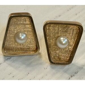 14K Solid Gold Vintage Retro MCM Style Authentic Pearl Cufflinks Buttons 10.9g
